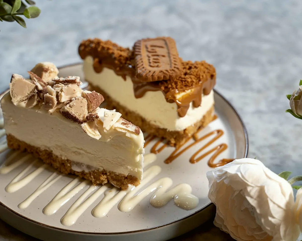 Two slices of cheesecake on a marble table, one topped with a Lotus biscuit and caramel, one with toasted almond