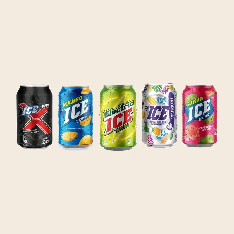 Five Ice Drink cans — Ice X, mango, Electric, tropical and guava